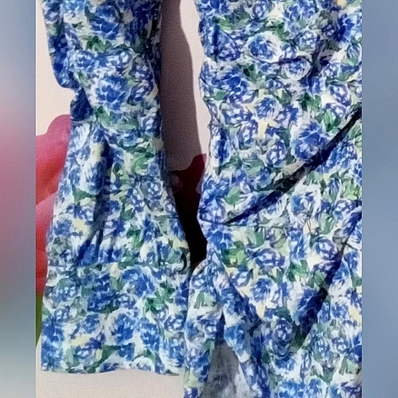 ZARA🐞Ruched Blue Floral Cotton Long Sleeve Blouse Sz: S - Picture 10 of 12